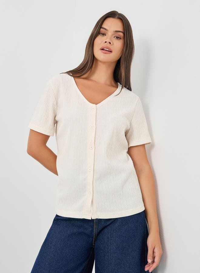 Textured V-Neck Front Button Blouse