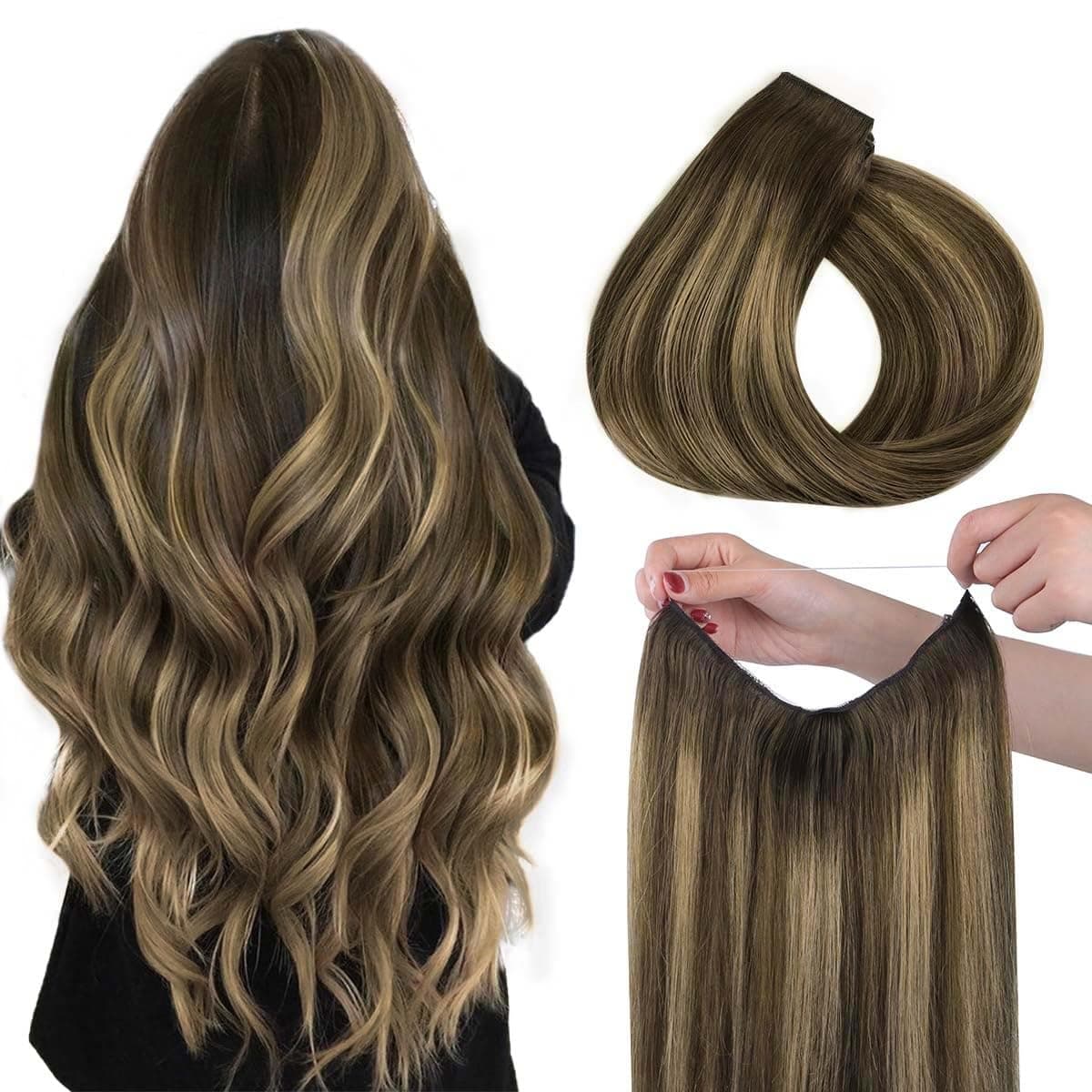 HOTBANANA Wire Hair Extensions 18 inch 95g Chocolate Brown to Caramel Blonde Invisible Fish Line Real Human Hair Extensions Straight