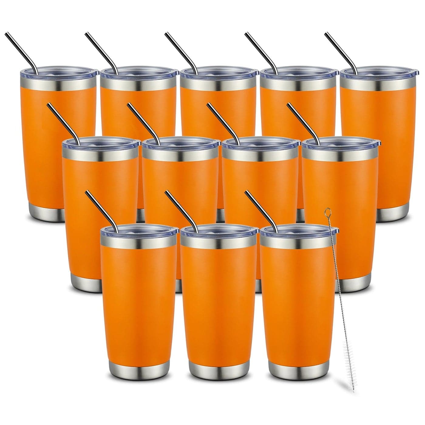 COMOOO 20oz Double Wall Vacuum Insulated Travel Mug Bulk Stainless Steel Tumbler with Lid and Straw Durable Powder Coated Insulated Coffee Cup for Cold Hot Drinks Orange 12 pack