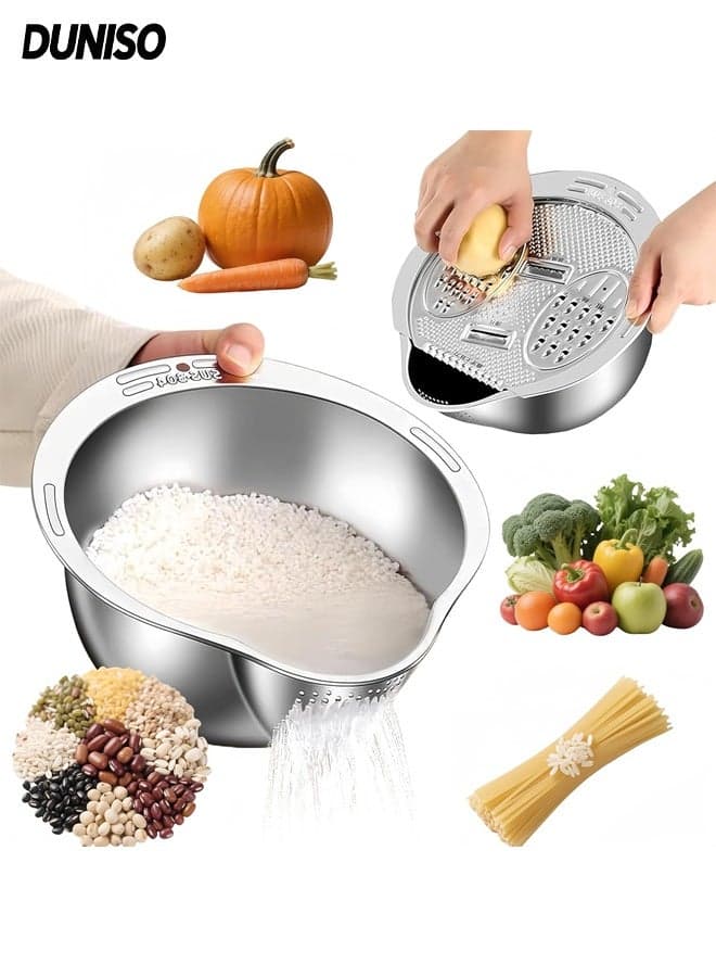 Multipurpose 304 Stainless Steel Rice Strainer Basket, 4-in-1 Strainer Bowl with Side Drain Basket and Built-in Grater,Versatile Kitchen Tool Suitable for Cleaning Fruits, Vegetables, and Beans