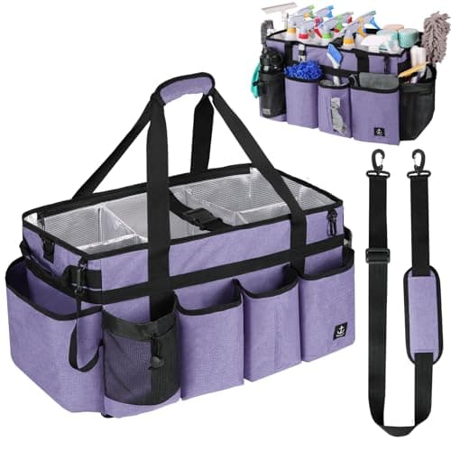 Timoxi Extra large Cleaning Caddy Bag Built-in Sturdy Support Board, Cleaning Organizer with Detachable Divider, Cleaning Supply Tote with Adjustable Shoulder Strap (Purple, 19'' x 11'' x 11'')