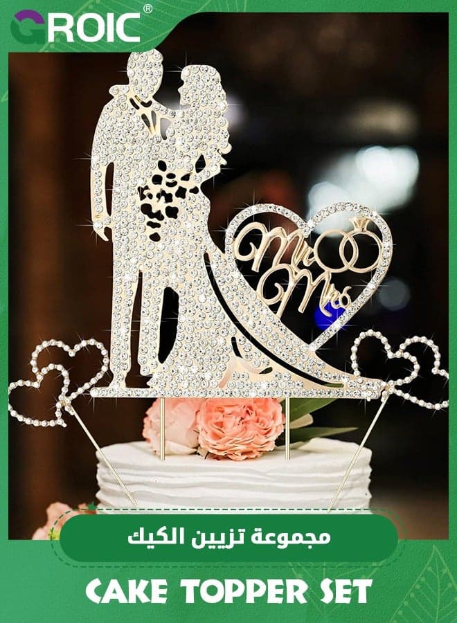 Mr and Mrs Cake Topper Rhinestone Metal Love Wedding Cake Topper Crystal Heart Shaped Cake Toppers Funny Diamond Bride and Groom Anniversary Party Cake Decoration Gold,Party Supplies