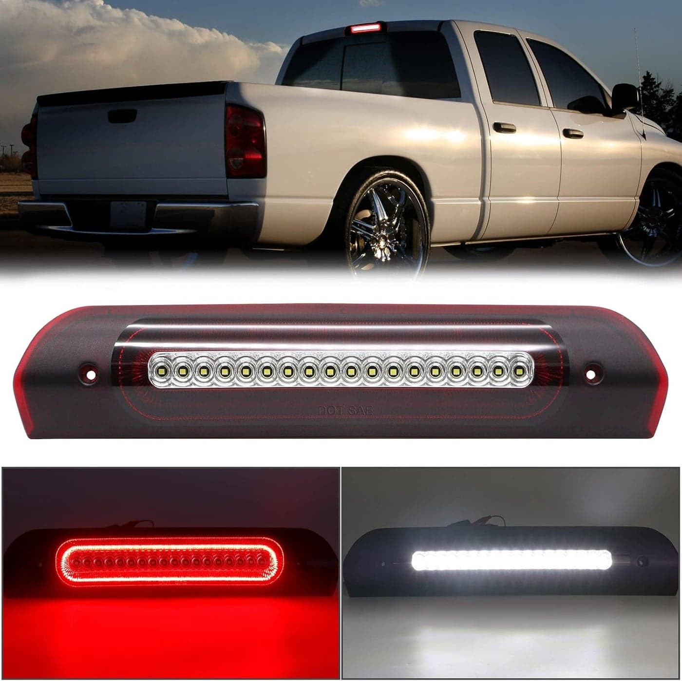 R&F Auto LED Strobe High Mount Brake Light for Ram 1500 2500 3500 (2002-2009) with Red and White Lens