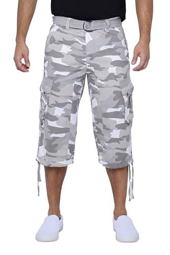 X RAY Men's Belted Long Cargo Shorts for Men, Below Knee Length Mens Cargo Shorts, 3/4 Pants (Big and Tall Shorts for Men) White CAMO 36