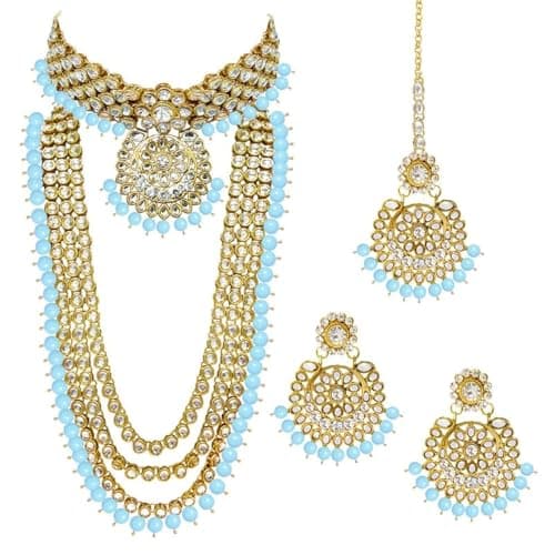 Aheli Wedding Designer Faux Kundan Beaded Indian Heavy Bridal Set Long Choker Necklace Earrings with Maang Tikka Traditional Jewelry for Women (Sky Blue)