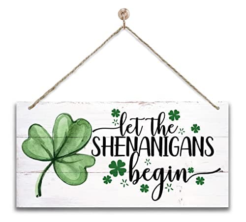Hanging St. Patrick's Day Wooden Decor - 'Let the Shenanigans Begin' Wall Art, Home & Door Sign, Shamrock Theme