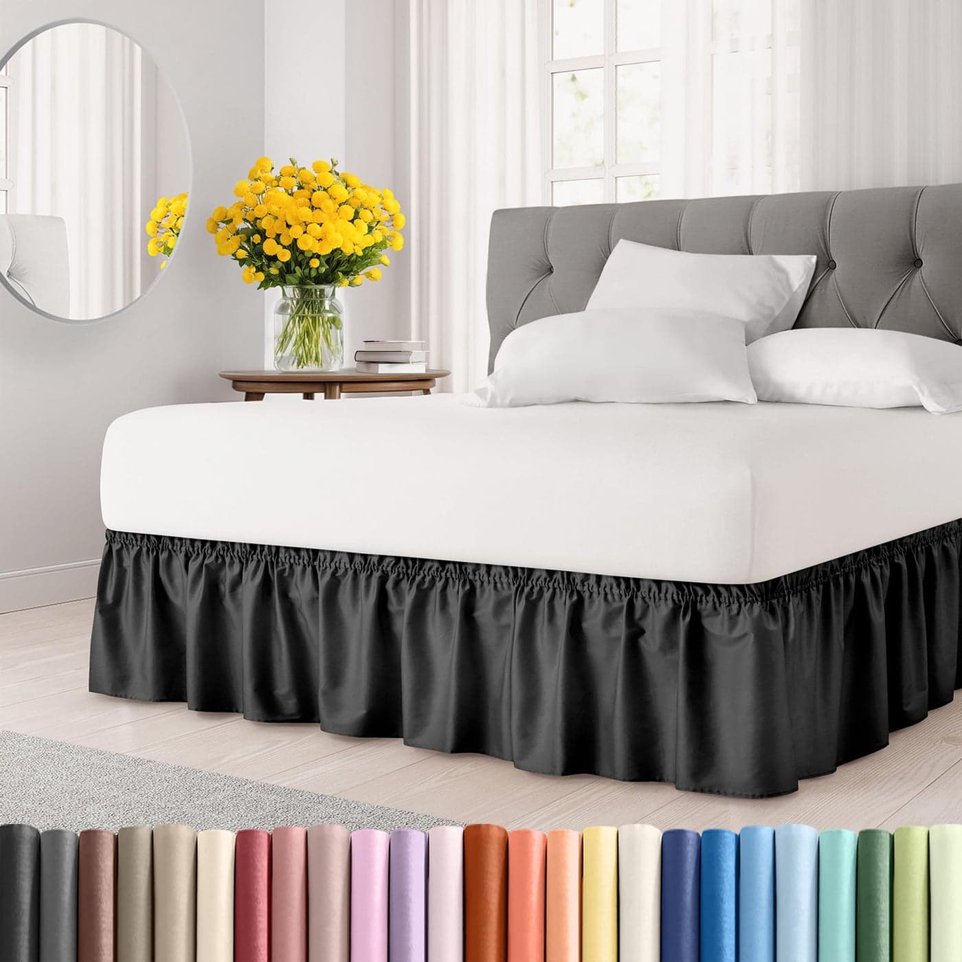 Wrap Around Dust Ruffle Bed Skirt Black for Full Size Beds with 12 Inch Drop Easy Fit Elastic Strap Adjustable Pleated Bedskirt wBrushed Fabric Wrinkle Free for Women Men Kids Teens