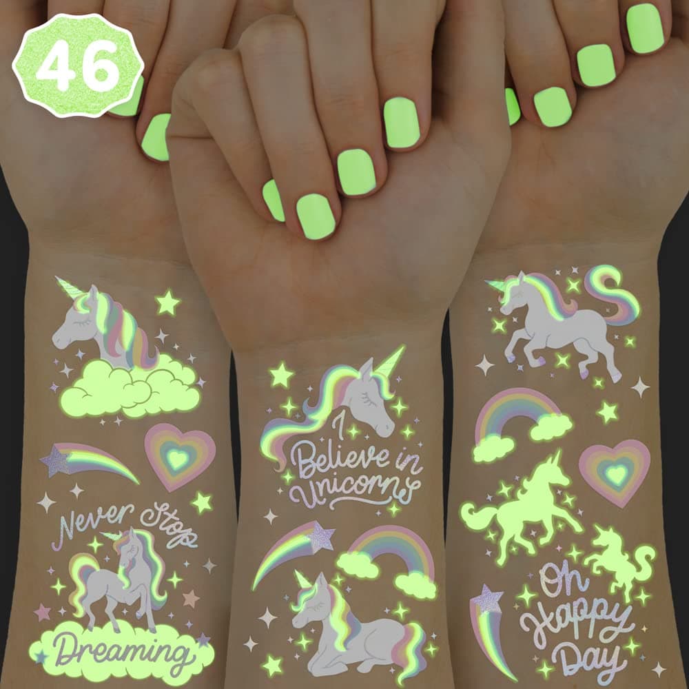xo Fetti Rainbow Unicorn Party Favors Temporary Tattoos for Kids 46 Glow In The Dark Styles Birthday Party Supplies Unicorn Favors Decorations Toys Halloween Costume
