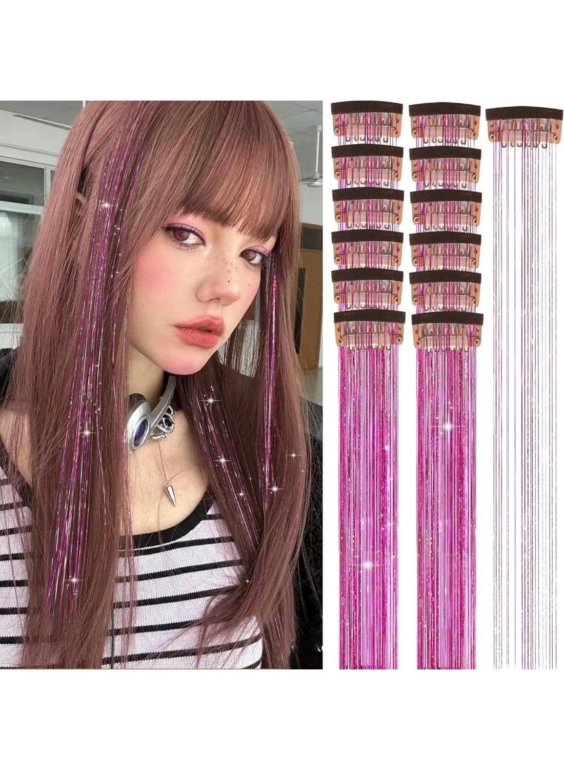 12Pcs Clip in Hair Tinsel Kit, 20 Inch Hair Extensions Heat Resistant Fairy Hair Tinsel Kit, Glitter Hair Tensile Clip, Accessories for Women Festival Party Gift (Pink)