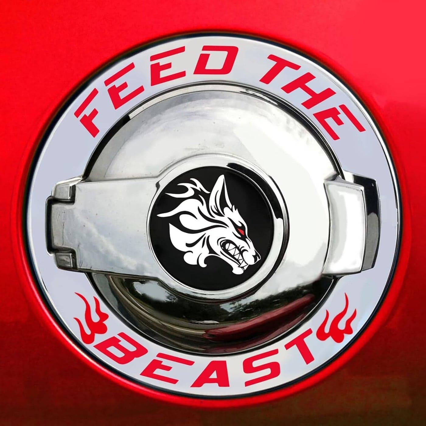 TOOLEPIC for Dodge Challenger AccessoriesGas Tank Door Cover Overlay with Feed The Beast Stylish DesignUnique Car Accessory Perfect for Customization Gas Tank Cover Not Included