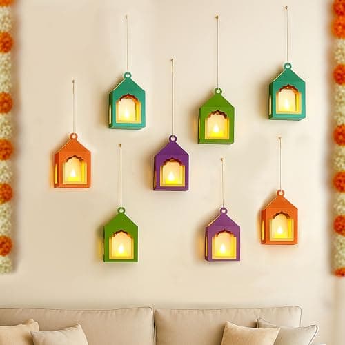 Diwali Lantern Kandil with LED Lamp | Decorative Hanging Paper Lantern for Diwali Decoration | Reusable Festival Décor Light for Home, Balcony & Living Room (Set of 8)