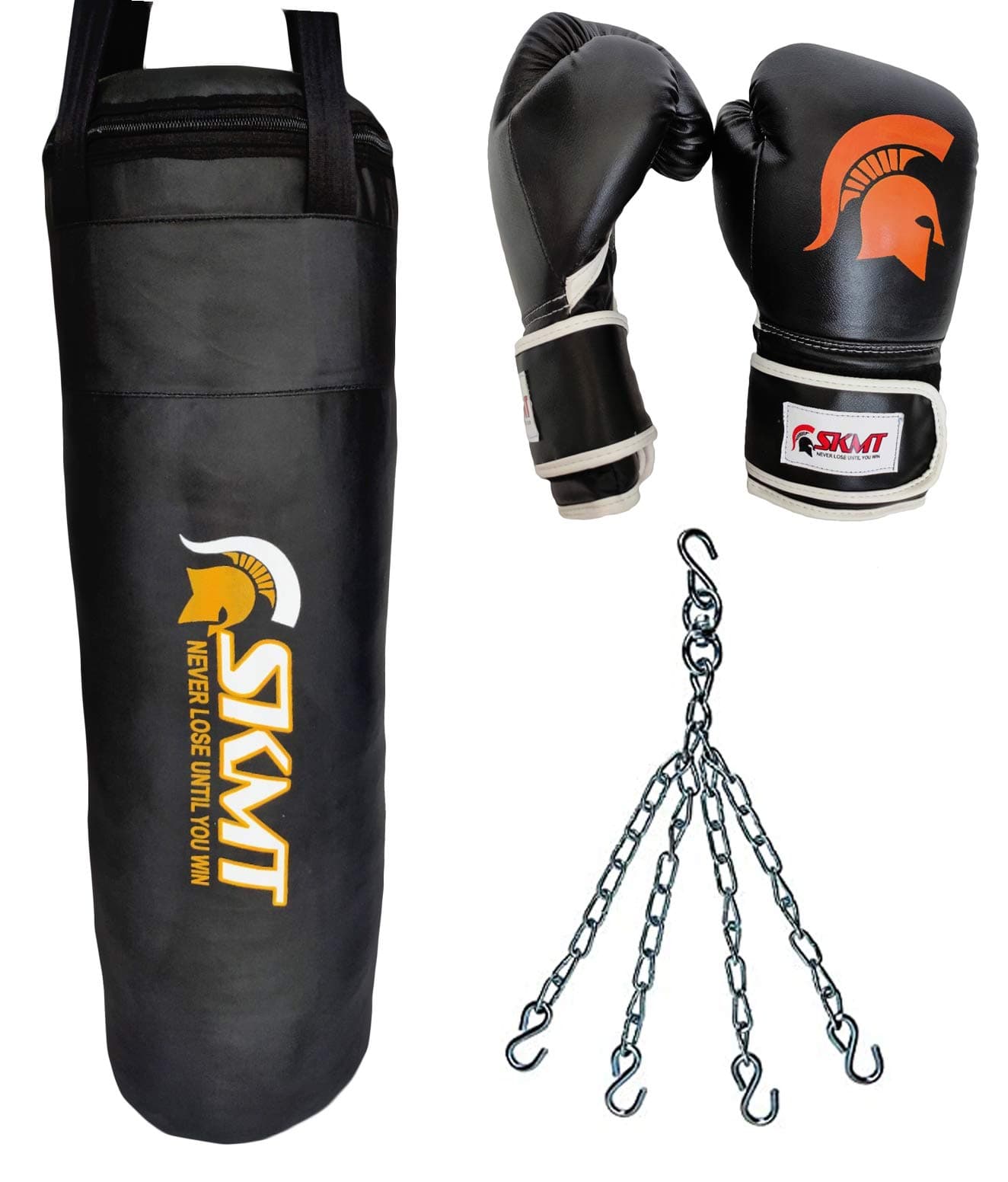 SKMT NEVER LOSE UNTIL YOU WIN Black Boxing Kit with Synthetic Leather Boxing Punching Bag,Gloves and Hanging Chain (42 INCH)