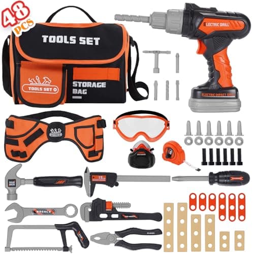 Kids Tool Set 48PCS Toddler Tool Set Toys with Electronic Toy Drill Tool BagTool BeltTape Measure Pretend Play Kids Construction Tool Kits Toy for Boys Kids Birthday Gift for Boys Girls Ages 3