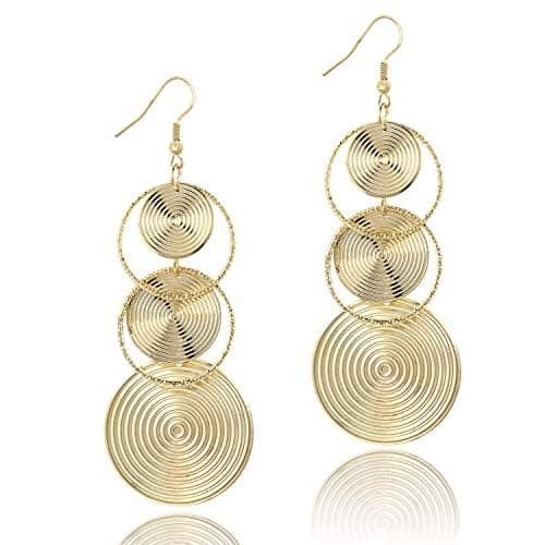 14K Gold Triple Round Spiral Disc Dangle Earrings Carved Big Long Dangling Bohemia Vintage Circular Statement Chandelier Earrings for Party Prom for Women Girls