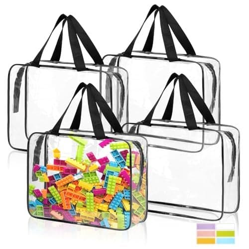 4 Pack Toy Storage Bags Clear PVC Toy Organizer with Zipper Large Black Waterproof Reusable Toy Bags with Labels for Puzzles Building Blocks Board Game Stationery Kids Books