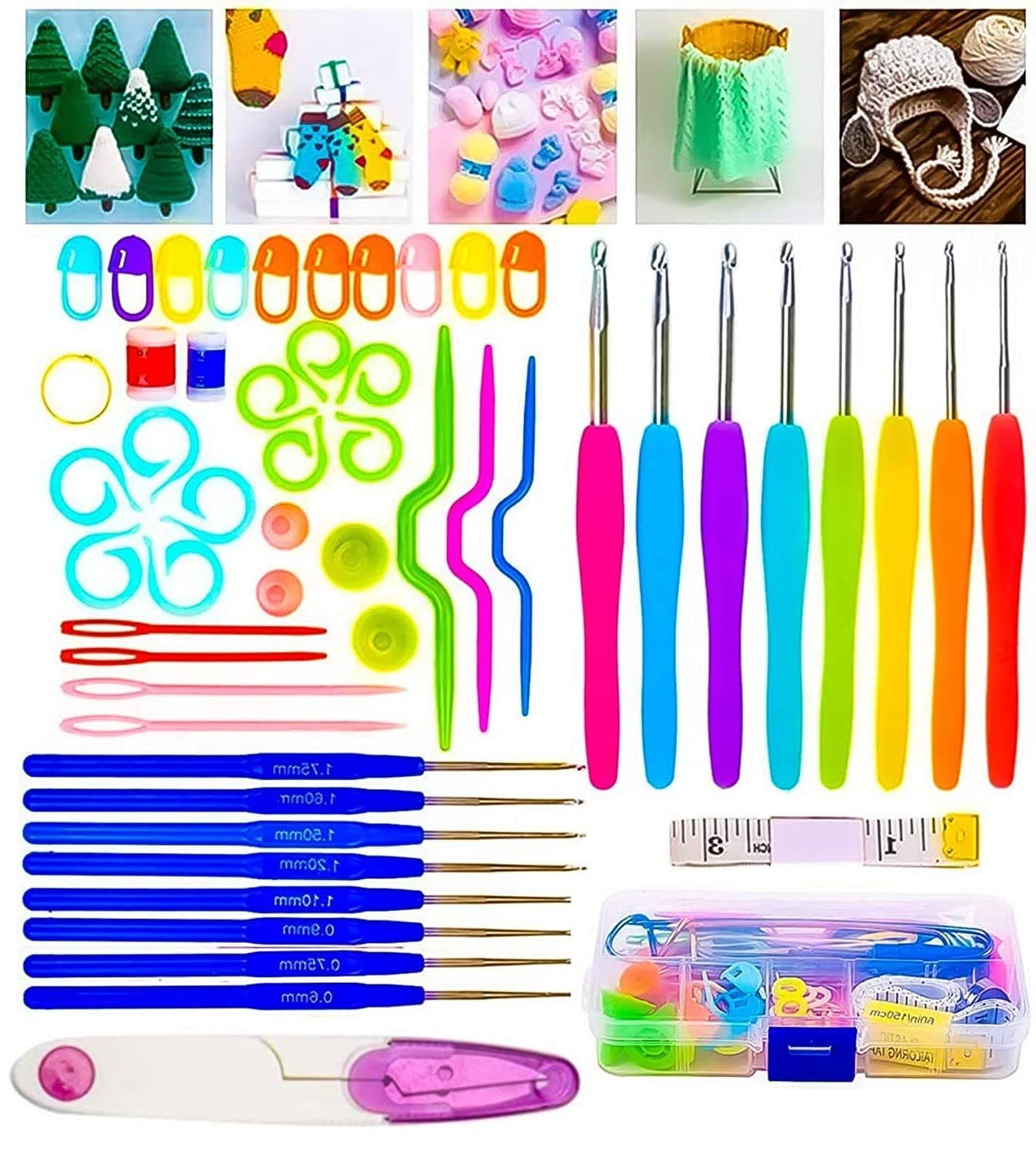 Mechdel 52Pcs Knitting Crochet Hook Needle Set Ergonomic Sewing Knitting Needle Kit with 16pcs Soft Grip Handles Hooks 06mm6mm 1 Scissor 1 Tape Measure 3 Tapestry for Hand Knitted with Box Set Of 52 PC