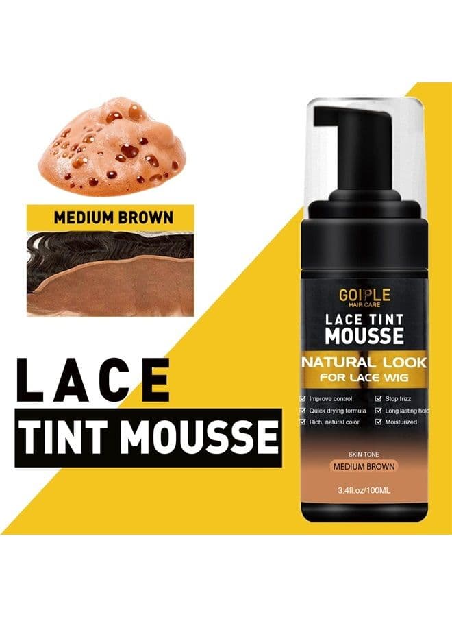 Lace Tint Melting Hair Mousse, Lace Tint Mousse for Women Hair Wigs Lace Wigs Toupees and Hairpieces Natural Finishing Lace Color, Wig Glue Lace Tint for Wigs Tool Set (Mocha- Medium Brown)