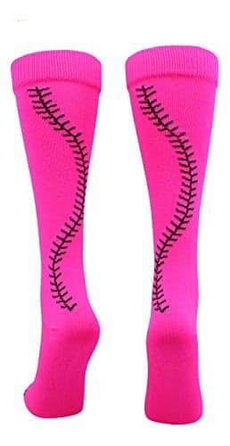 MadSportsStuff Softball Socks with Stitches Over the Calf (Neon Pink/Black, Small)