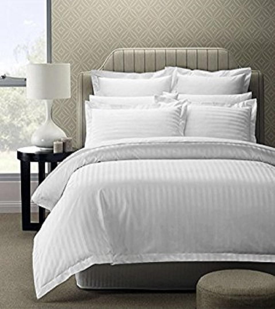 LINENWALAS 300 TC 100% Cotton Satin Stripes Single Bed Sheet - Premium Hotel Bedsheet and 1 Pillow Covers Set for Hotels, Guest House & B&B (White)