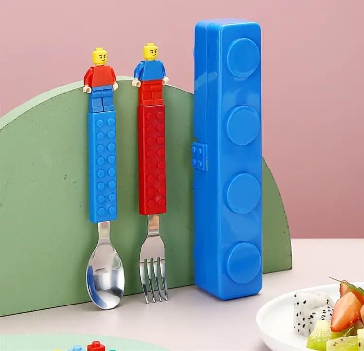 NEEYATI Kids Building Block Theme Cutlery Set Stainless Steel Spoon and Fork with Figures Storage Box 3 Pieces