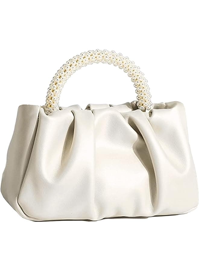 Evening Purse Women Pearl Handbags Soft Leather Ruched Bag Bridal Clutch for Wedding Party Prom Crossbody Purses