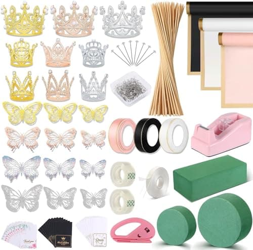 Majreey Floral Wrapping Paper Kit 60Sheet Waterproof Floral Paper 3Rolls Ribbon for Flower Bouquet 2Rolls Transparent Tape100Pcs Flower Pins 48Pcs 3D Butterflies 9Pcs Crowns 3 Floral Foam Blocks