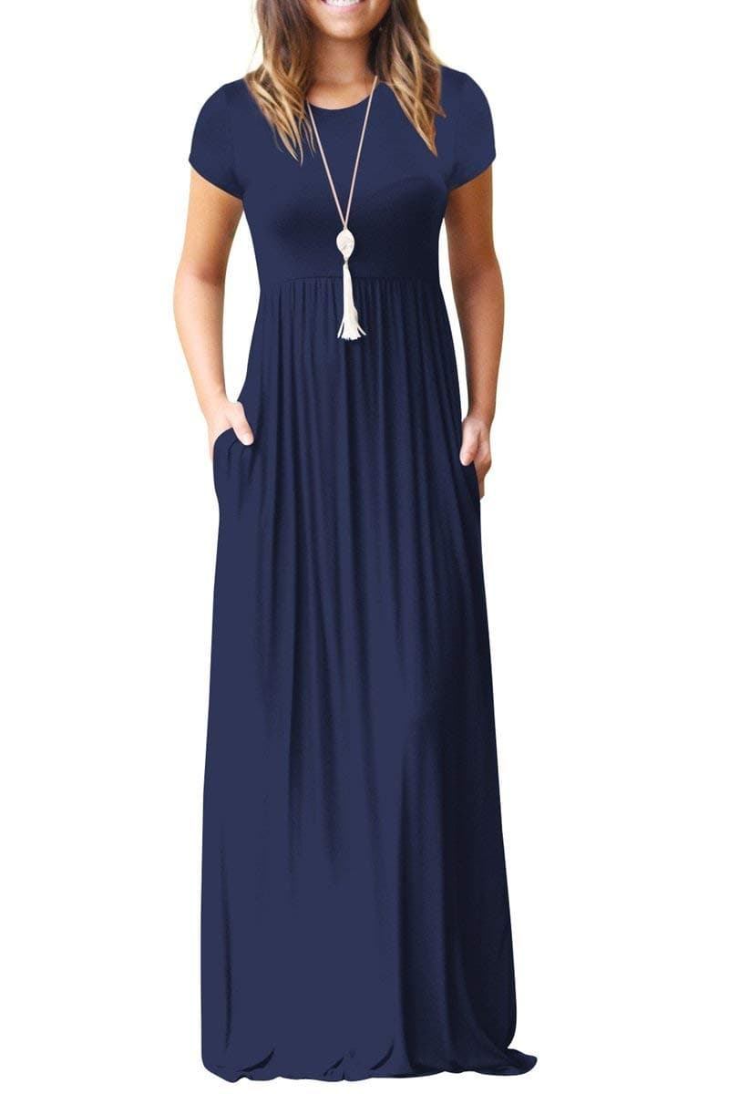GRECERELLE Women Summer Crew Neck Casual Short Sleeve Long Maxi Dress with Pockets, Navy Blue, XL
