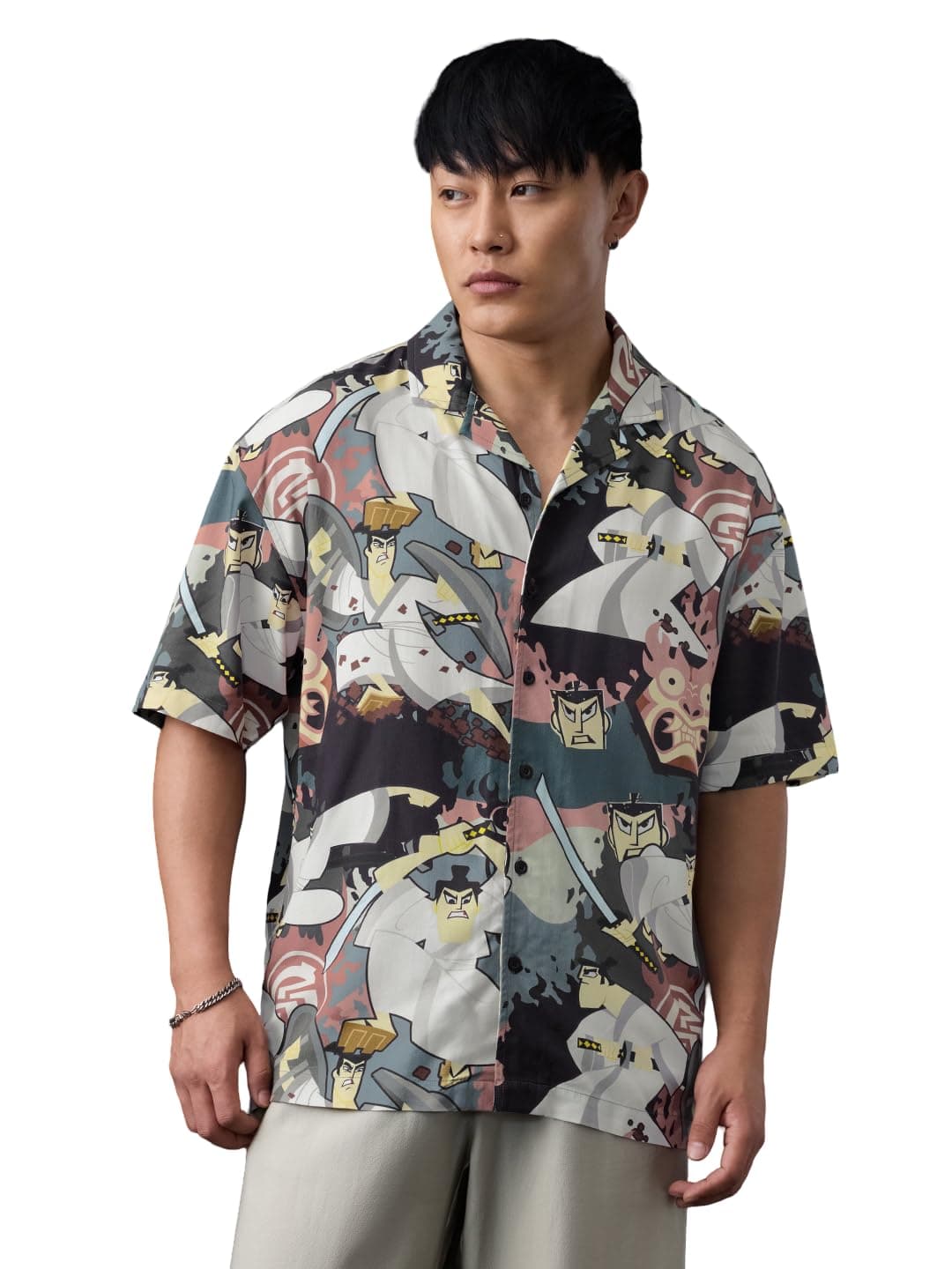 The Souled Store Samurai Jack: Warrior Men and Boys Short Sleeve Cuban Collar Black Graphic Printed Rayon Oversized Shirt