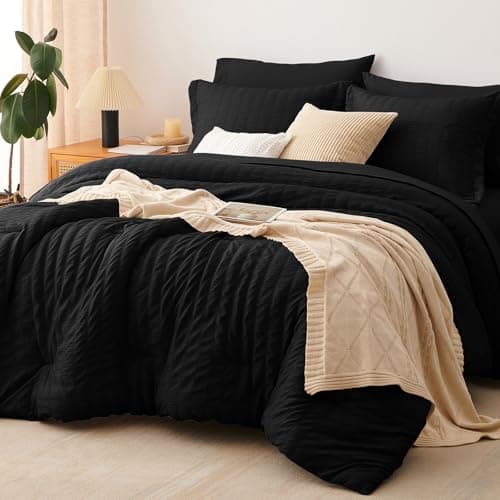 CozyLux California King Comforter Set with Sheets 7 Pieces, Black Seersucker Bed in a Bag Cal King Luxury Soft Bedding Sets with Down Alternative Comforter, Sheets, Pillowcases & Shams for All Season