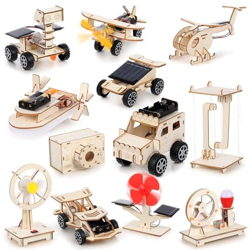 Soulchen 12 Sets STEM Kits DIY Wood Building Projects Solar Car Engineering Learning Projects STEM Model Crafts Kits for Beginners DIY Educational Engineering Experiments Gifts