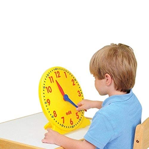 Constructive Playthings 12 in Geared Learning Clock with Large 12Hour Markings Yellow Blue and Red Colors Plastic Teaching Clock for Classrooms Teacher Supplies Ages 5 Years and Up 1Pack