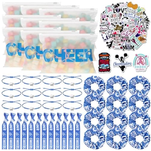 Sunnymove 98 Pcs Cheerleader Team Gifts Bulk Include Cheer Goodie Makeup Bags Bracelet Hair Bands Scrunchies Hair Ties Waterproof Sticker for Women Cheerleader TeammatesBlue