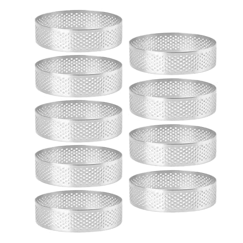 Frcctre 9 Pack 3.15 Inch 304 Stainless Steel Tart Rings, Heat-Resistant Perforated Nonstick Round Mousse Cake Rings Metal Crumpet Ring Pastry Mold Circle Tartlet