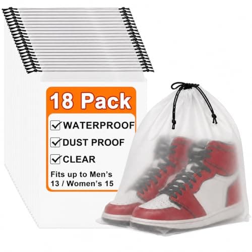 BOFOHO 18 Pack Clear Shoe Bags for Travel, 15.7"×11.8" PEVA Drawstring, Waterproof, Fits up to Men’s 12–13, Reusable Storage for Shoes, Clothes & Toiletries, Keep Luggage Tidy & Odor-Free
