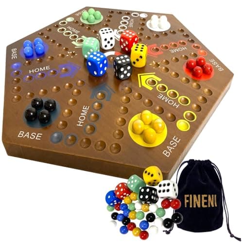 FINENI Wooden Board Games Marble Board Game Original with Dual Sides Fast Track Board Game for 2 to 6 Players Double Side Marble Game 6 Colors 30 Marbles Set and 6 Color 6 DicePouch 20 Dark