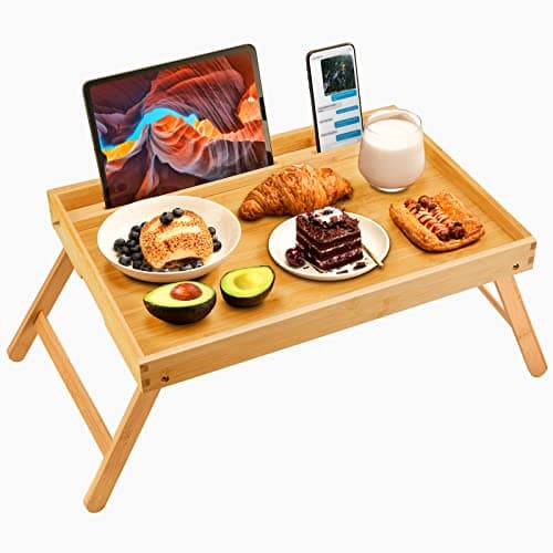 Bamboo Bed Tray Table, Large Breakfast Tray - 21.7x14 Inch with Folding Legs, Multipurpose Serving Tray Use As Portable Laptop Snack Table, for Working, Eating, Reading by Pipishell