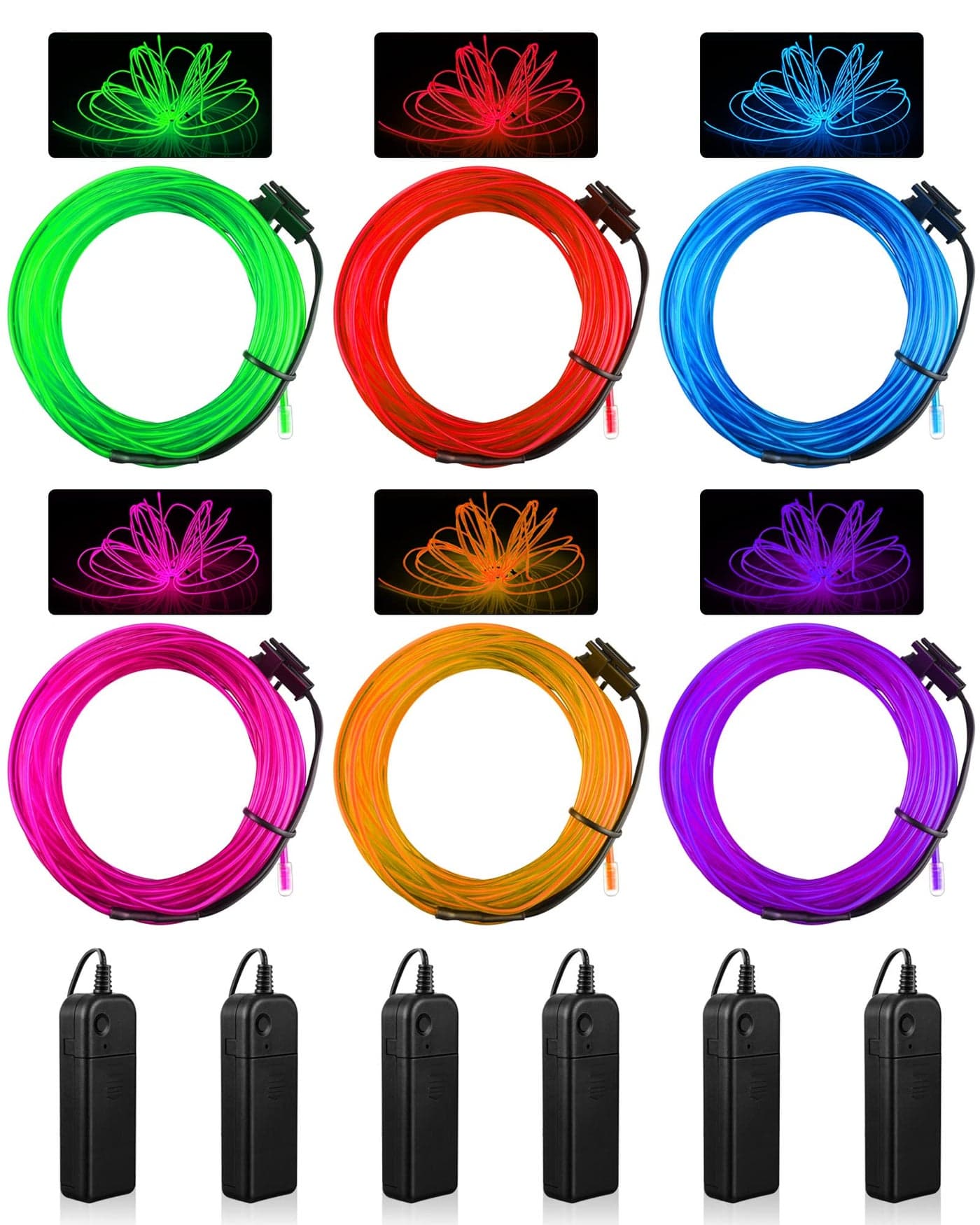Konohan 6 Pcs Portable Wearable LED Lights Neon El Wire Battery Operated Glow Wire for DIY Costume Halloween Christmas DecorationsRed Pink Blue Green Purple Yellow984 Feet