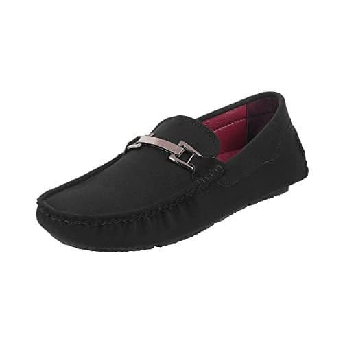 Mochi Men's Black Synthetic Leather Loafers | Flat Slip-On Casual Footwear | Lightweight | Ornamented Design | Casual, Daily, Comfortable, Office/Business, Fashion, Stylish, Everyday Wear | UK 10