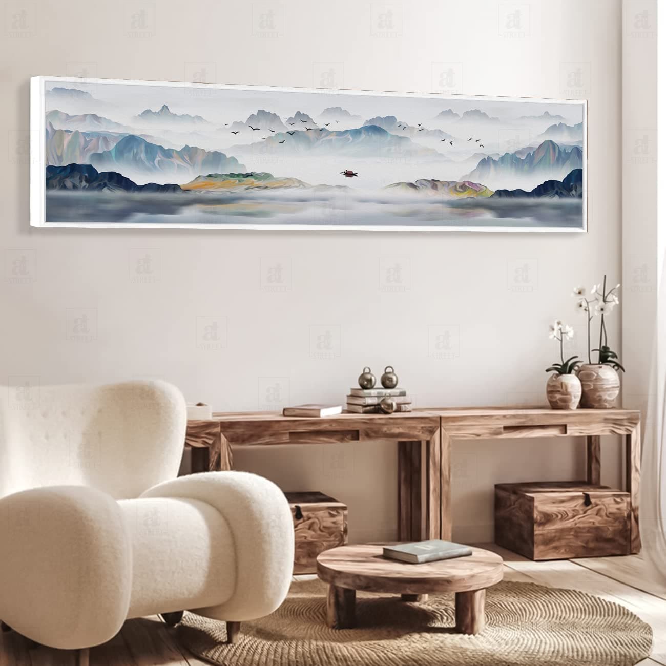 Painting Mantra Landscape Calm Moutain View Large Canvas Painting Framed Panel Wall Art Print Framed Luxury Paintings for Home Decoration Living room Bedroom Office Dcor White 13x47 Inch