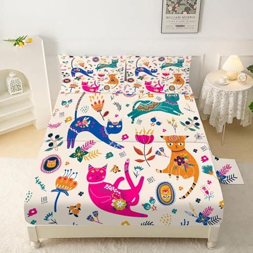 EDGZKO Cat Sheet Set Twin: Cute Cats Bed Sheets Twin Size for Girls Kids Teens Toddler Kawaii Cartoon Floral Print 3 Piece Bedding Sets 1 Fitted Sheet & 1 Flat Sheet & 1 Pillowcase