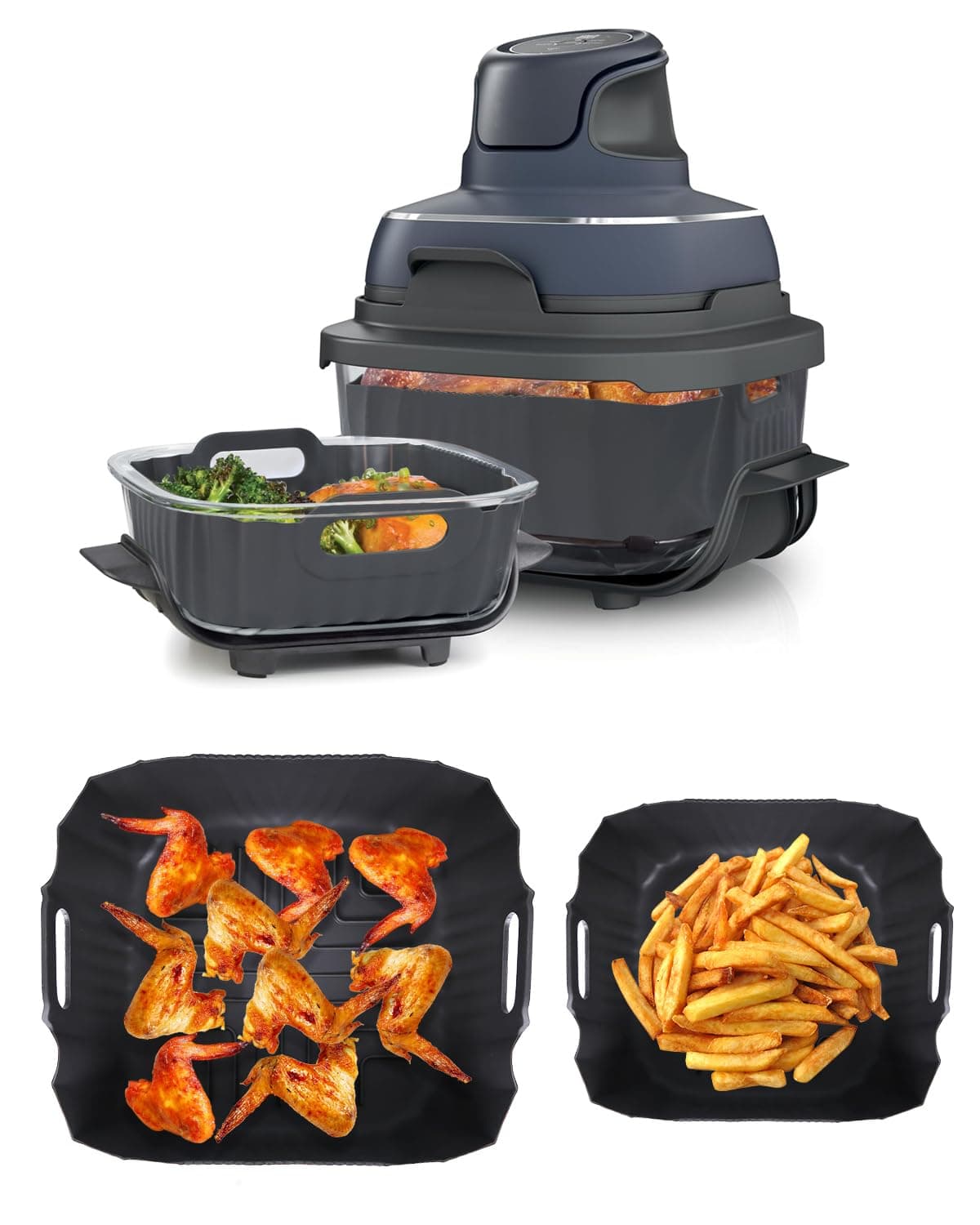 Silicone Liners for Ninja Crispi FN101GY FN101SG FN101ST, Reusable Non-Stick Ninja Crispi 4-in-1 portable glass air fryer Accessories, Large & Small Pot Basket Compatible with 4 QT & 6 Cup Container