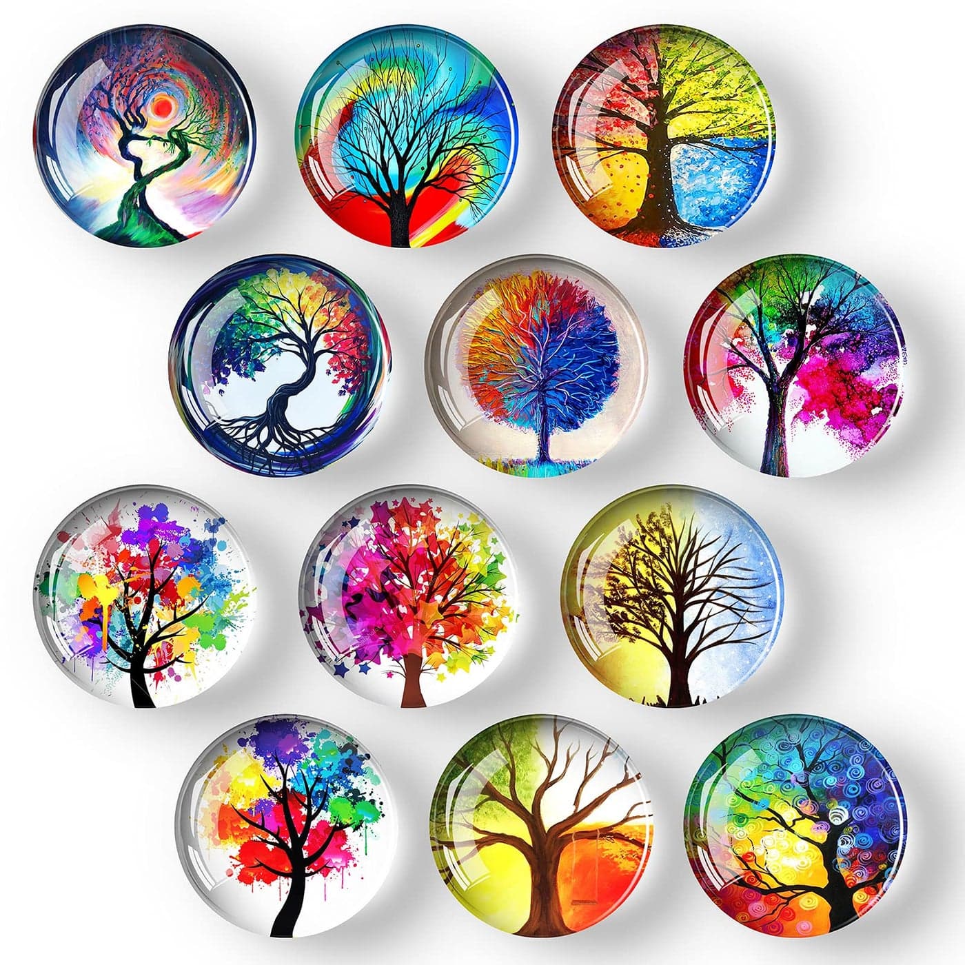 COSOW 12Pcs Glass Strong Magnetic Refrigerator Magnet Fridge Sticker Round Life Tree Glass Fridge Decoration Office Whiteboard Magnet for Cabinet Dishwasher Cabinet and Locker
