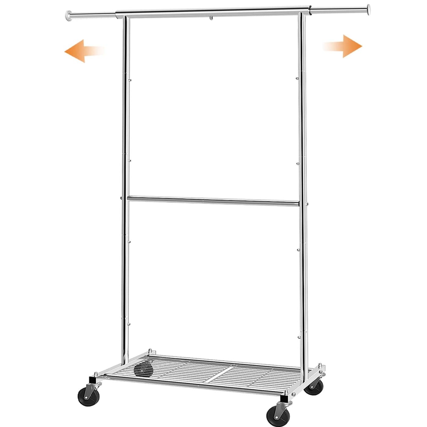 Simple Trending Standard Clothing Garment Rack Rolling Clothes Organizer with Wheels and Bottom Shelves Extendable Chrome