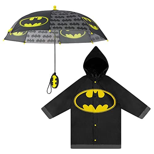 DC Comics Little Kids Umbrella and Lightweight Rain Slicker Set for Boys Ages 4-7, Black Batman, Age 6-7