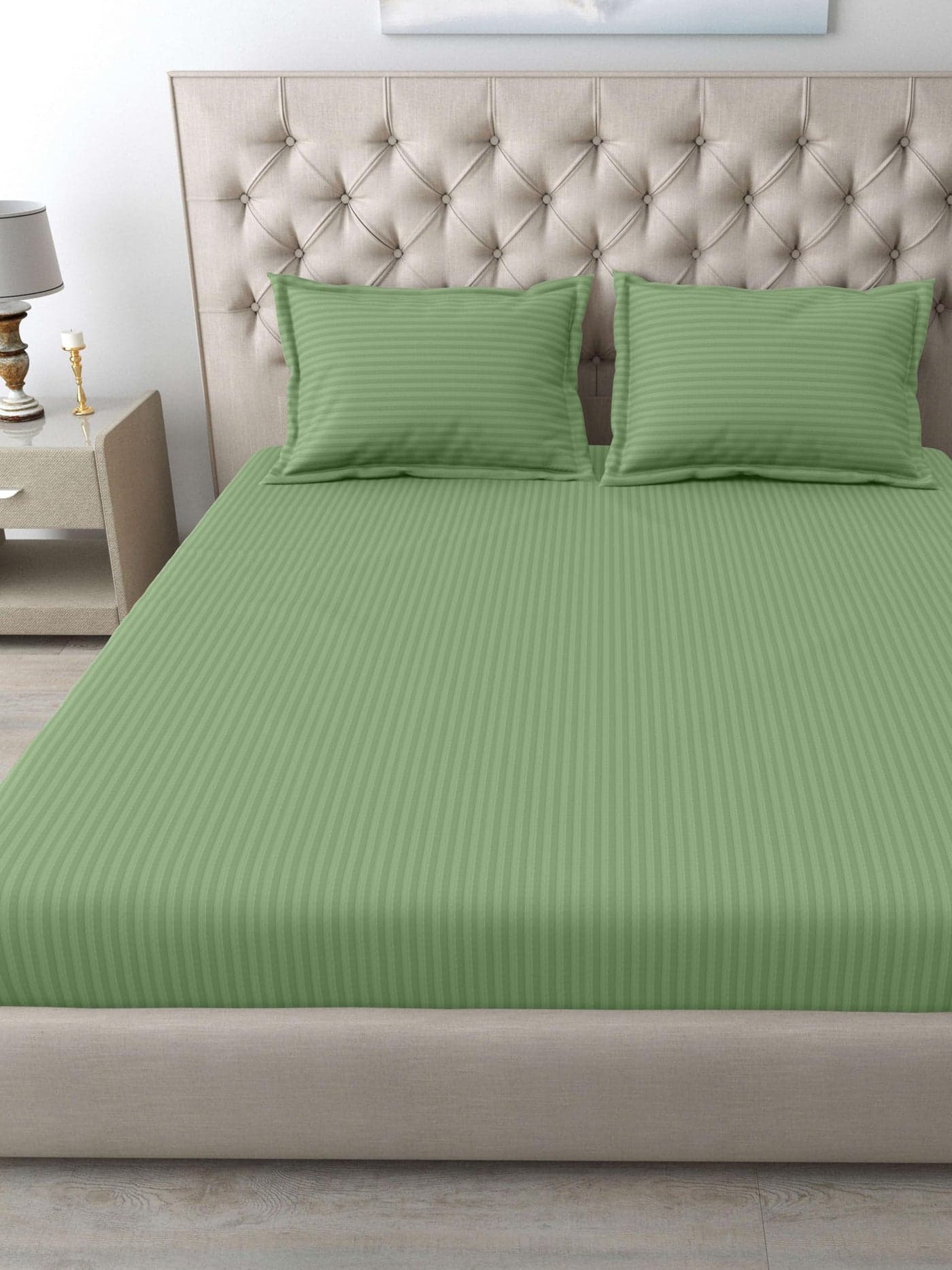 Mafatlal Italian Strip Cotton Bedsheet for King Size Bed with 2 Pillow Covers | 210 TC Pure Cotton Flat Sheet Green | 108 x 108 Inches | Comfortable & Long Lasting