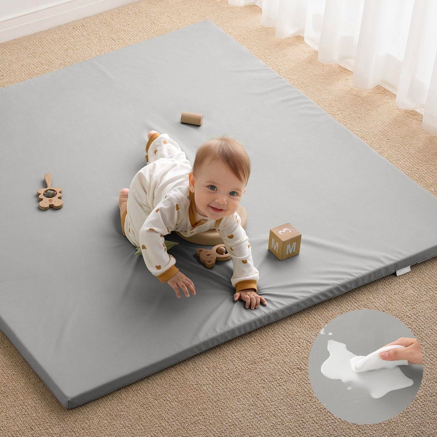 Blissful Diary Vegan Leather Baby Play Mat 50x50 Thicken Foam Cushioned Waterproof Playpen Mat for Infants and Toddlers Stylish and Just WipeClean Playmat for Baby Play on Floor Light Gray
