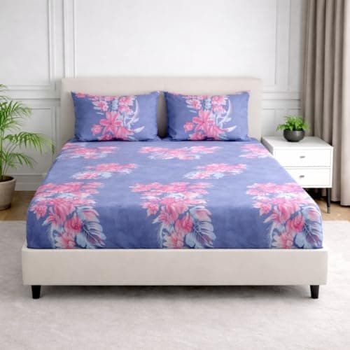 Nivasam Cotton Feel Glace Cotton Elastic Fitted Printed King Size Double Bed Bedsheet with 2 Pillow Cover(72"x78") 300-350 threadcount (Design5)