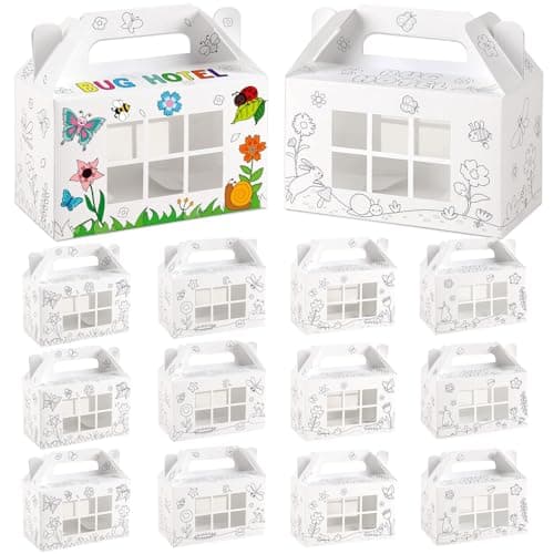 12 Pack Bug Hotel Box Party Favors Cardboard Color Your Own Bugs Catchers Decorations Critters Collection Party Supplies Insect Gable Box Container with Window for Spring Summer VBS Birthday Crafts