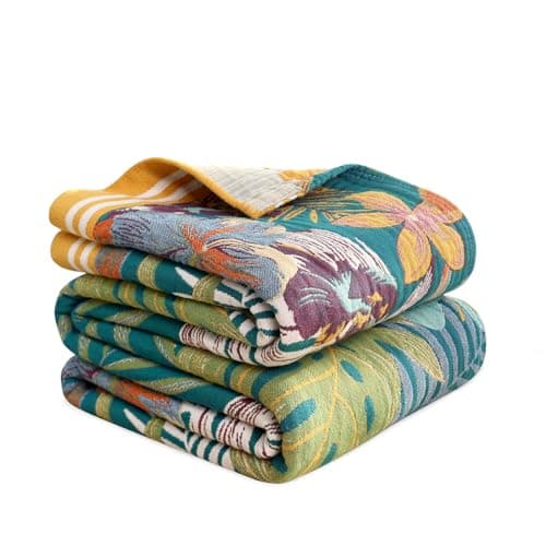 MSGKV Cotton Bed Blanket for Couch and Sofa Blankets for Living Room Bedroom Reversable Florals Throw 80"x90" Spring Breathable Cozy Boho Blankets