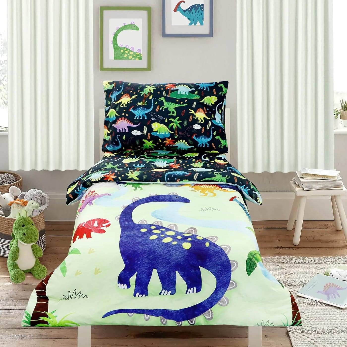 4 Piece Toddler Bedding Set Ultra Soft and Breathable Cartoon Dinosaur Toddler Comforter Sets for Boys Includes Quilted Comforter Fitted Sheet Flat Sheet and Pillowcase